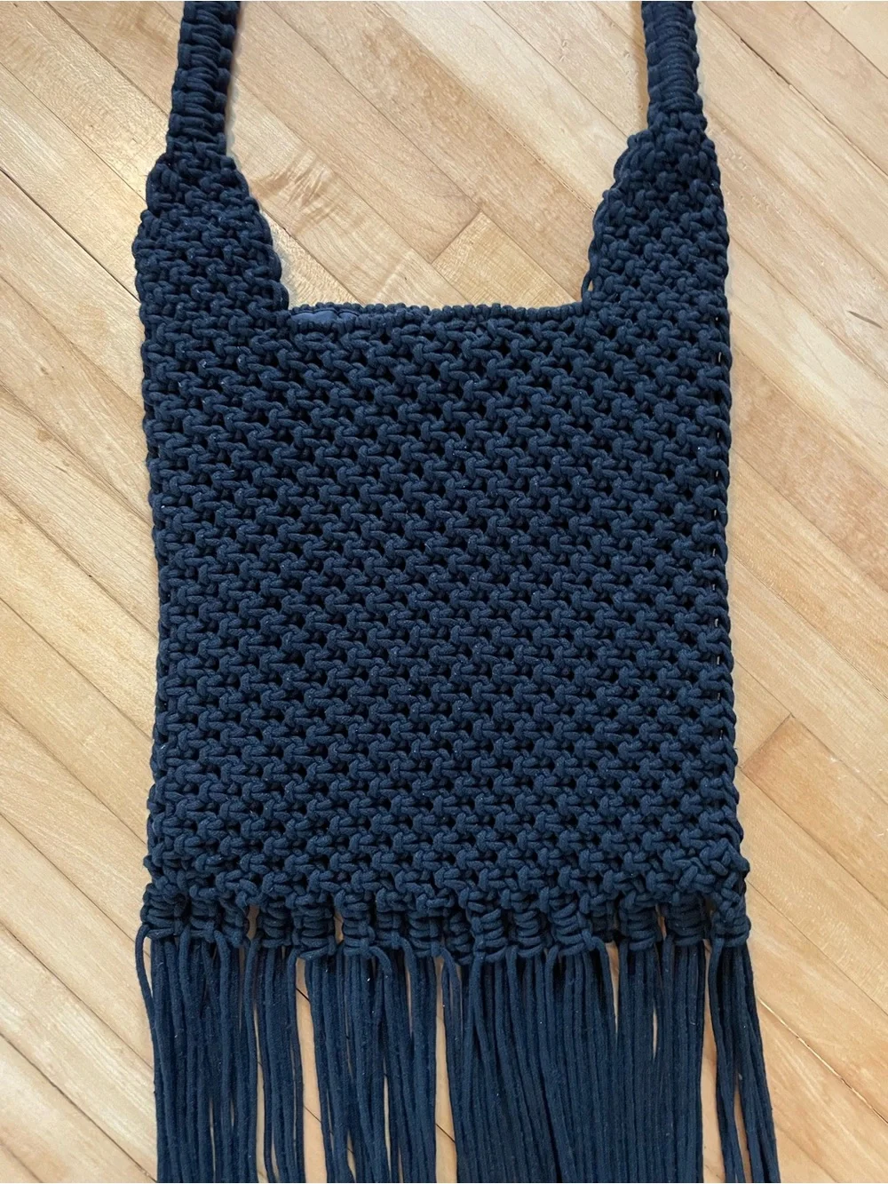 Macrame Long Fringe Shoulder Bag Purse Tote Lined Snap Closure Indie Sleaze